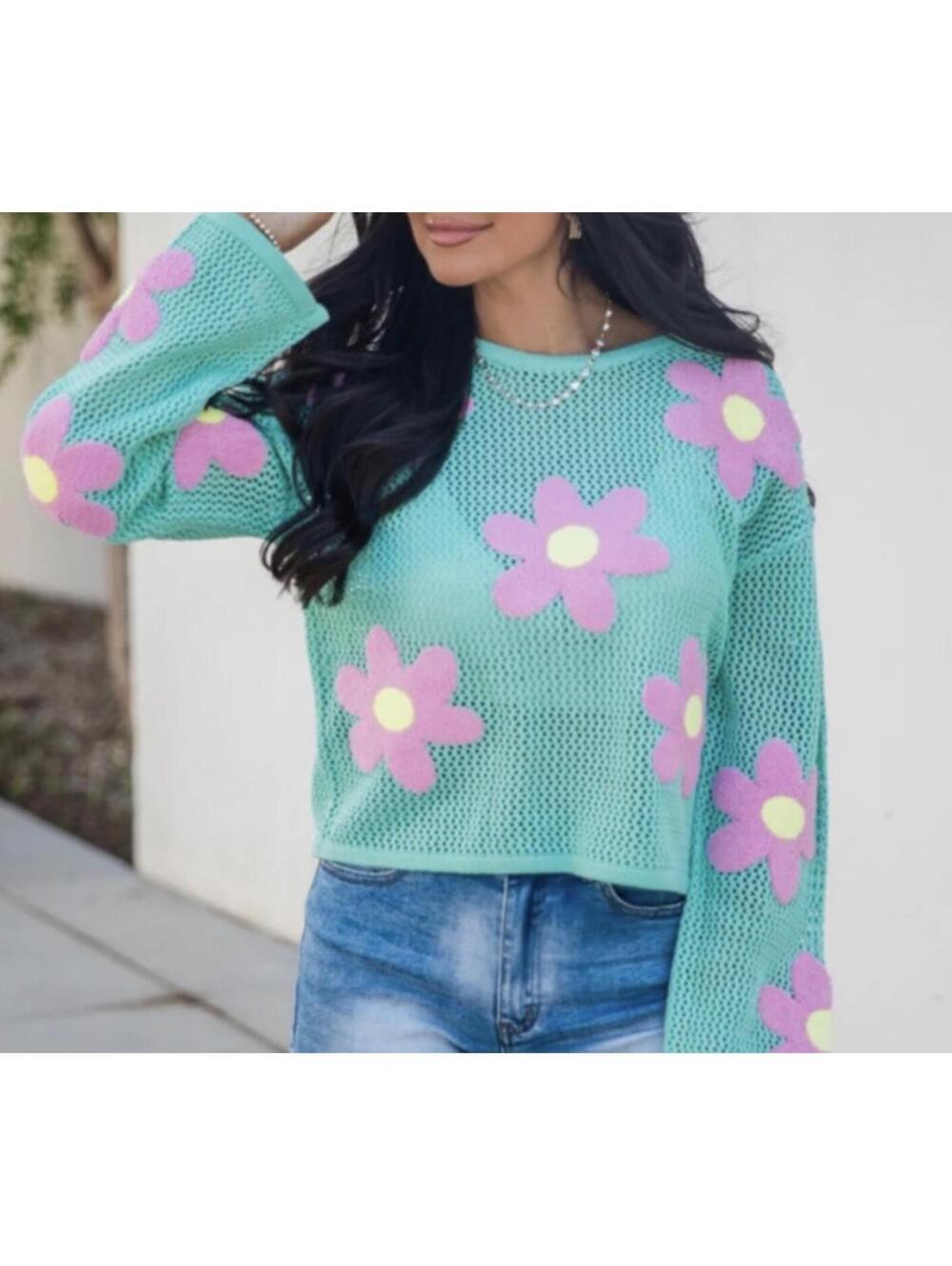Pink Lily Floral Mesh Sweater In Teal and Pink - Women's Large NWOT